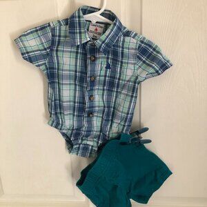 Baby Boy Summer Plaid Button-Up Romper and Shorts Set- 3 months